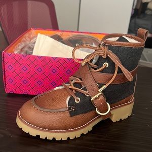TORY BURCH BOOTS NWT samson bootie tumbled leather /flannel fabric
